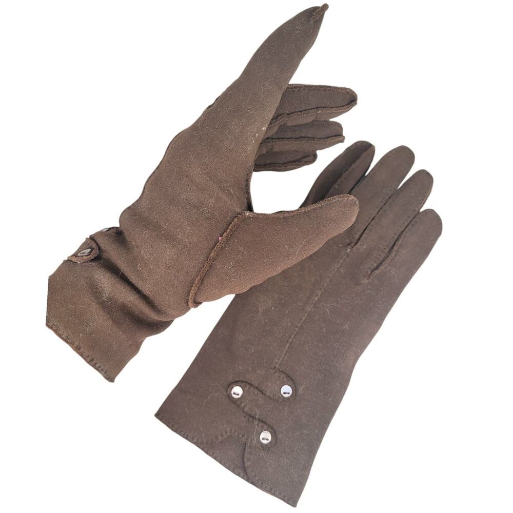 Vintage 50s Crescendoe Brown Suede Feel Button Detail Dress Gloves Retro preppy